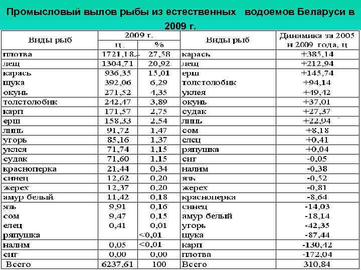  Промысловый вылов рыбы из естественных водоемов Беларуси в 2009 г. 