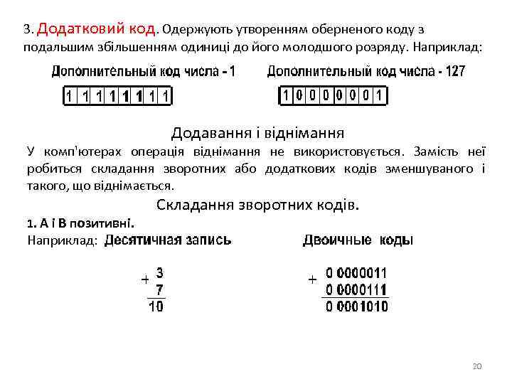3. Додатковий код. Одержують утворенням оберненого коду з подальшим збільшенням одиниці до його молодшого