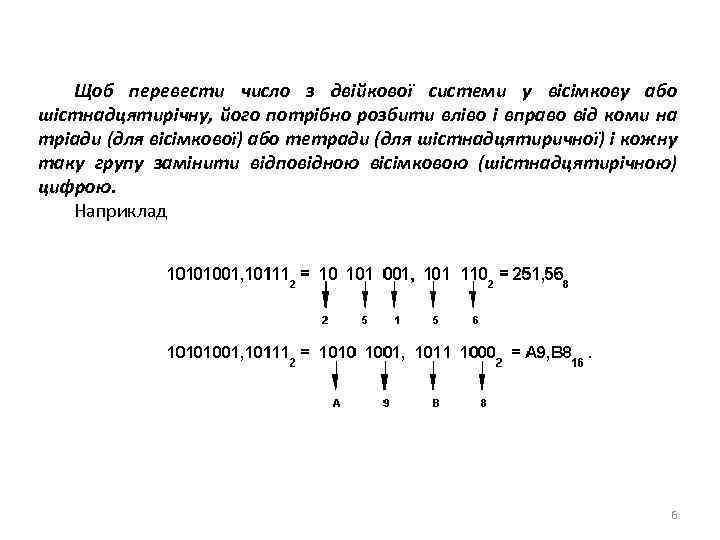 Щоб перевести число з двійкової системи у вісімкову або шістнадцятирічну, його потрібно розбити вліво