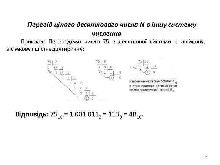 Перевід цілого десяткового числа N в іншу систему числення Приклад: Переведемо число 75 з