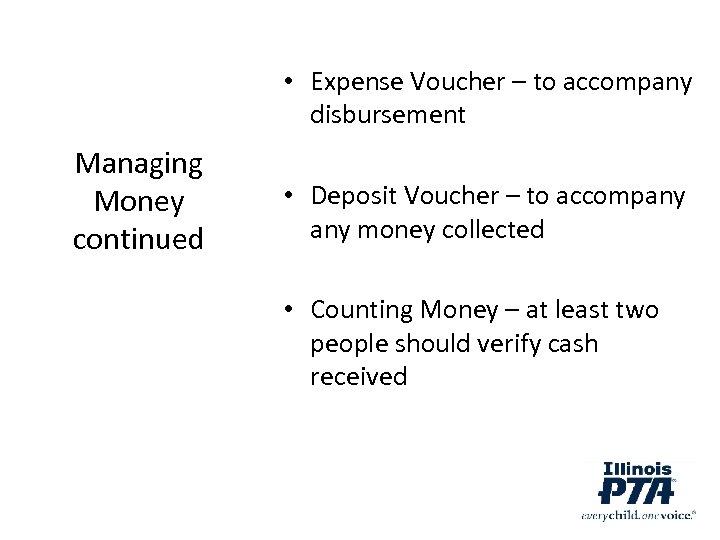  • Expense Voucher – to accompany disbursement Managing Money continued • Deposit Voucher