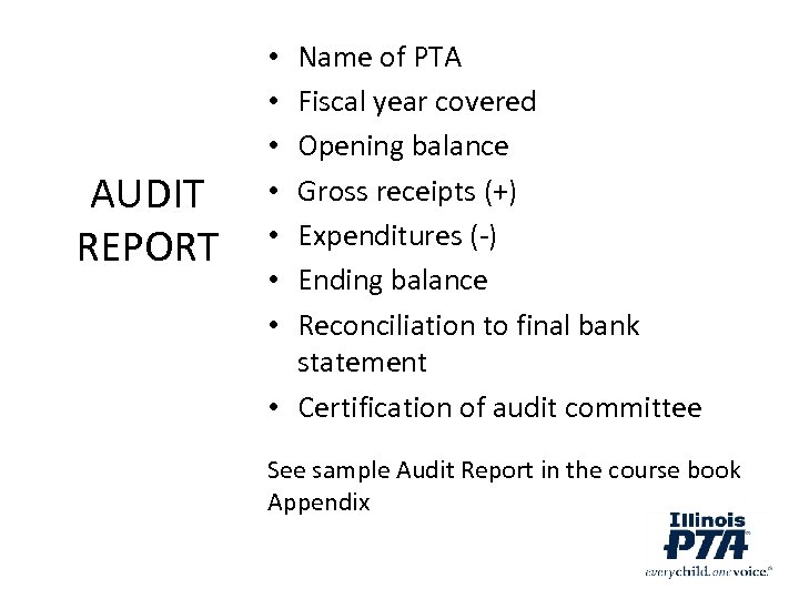 AUDIT REPORT Name of PTA Fiscal year covered Opening balance Gross receipts (+) Expenditures
