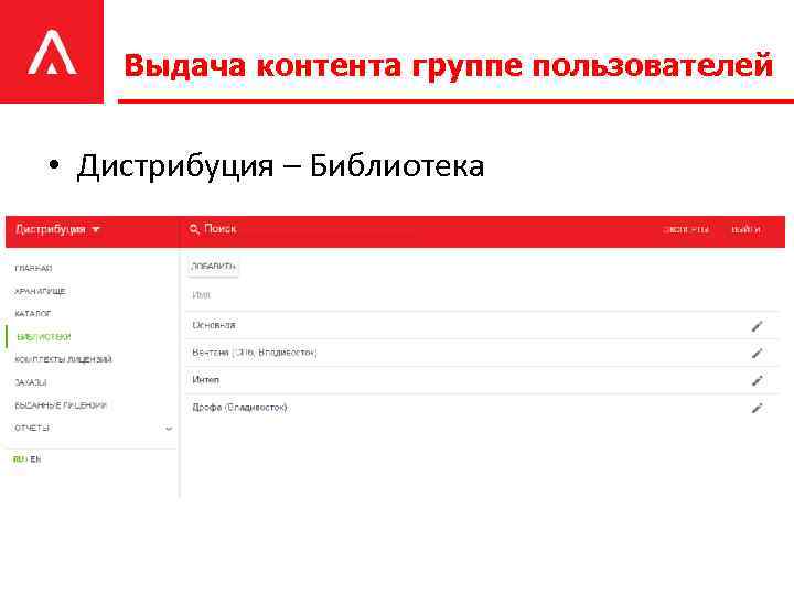 Выдача контента группе пользователей • Дистрибуция – Библиотека 