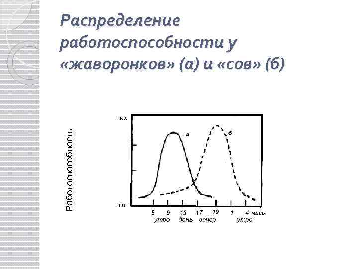 Распределение работоспособности у «жаворонков» (а) и «сов» (б) Работоспособность max min 
