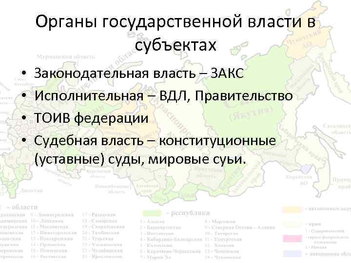 Органы государственной власти в субъектах • • Законодательная власть – ЗАКС Исполнительная – ВДЛ,