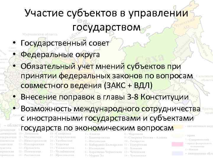 Участие субъектов в управлении государством • Государственный совет • Федеральные округа • Обязательный учет