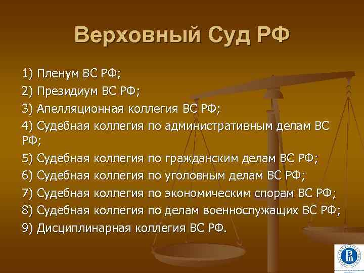 Верховный Суд РФ 1) Пленум ВС РФ; 2) Президиум ВС РФ; 3) Апелляционная коллегия