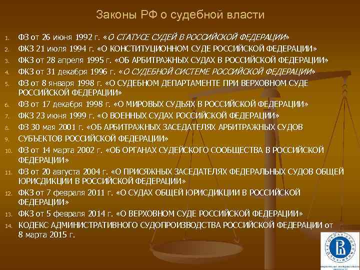 Законы РФ о судебной власти 1. 2. 3. 4. 5. 6. 7. 8. 9.