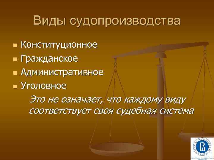 Виды судопроизводства n n Конституционное Гражданское Административное Уголовное Это не означает, что каждому виду