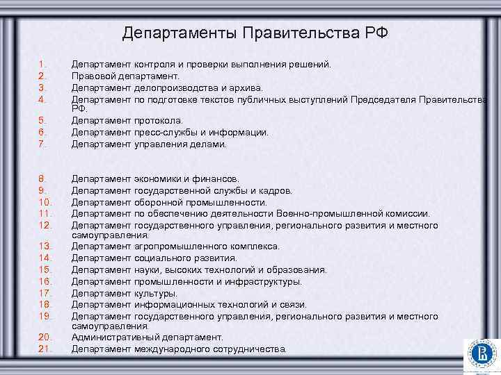 Департаменты Правительства РФ 1. 2. 3. 4. 5. 6. 7. 8. 9. 10. 11.
