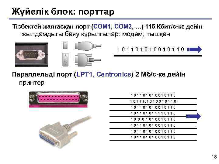 Жүйелік блок: порттар Тізбектей жалғасқан порт (COM 1, COM 2, …) 115 Кбит/с-ке дейін
