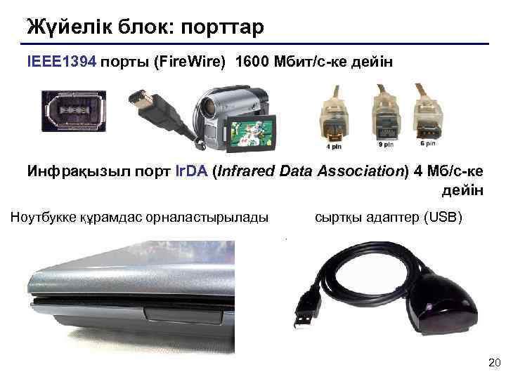 Жүйелік блок: порттар IEEE 1394 порты (Fire. Wire) 1600 Мбит/c-ке дейін Инфрақызыл порт Ir.