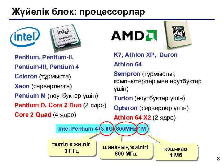Жүйелік блок: процессорлар Pentium, Pentium-II, K 7, Athlon XP, Duron Pentium-III, Pentium 4 Athlon
