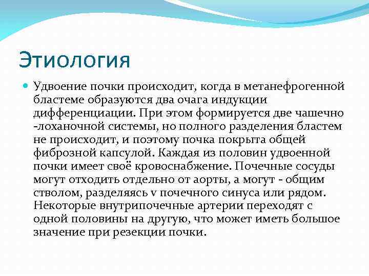 Этиология Удвоение почки происходит, когда в метанефрогенной бластеме образуются два очага индукции дифференциации. При