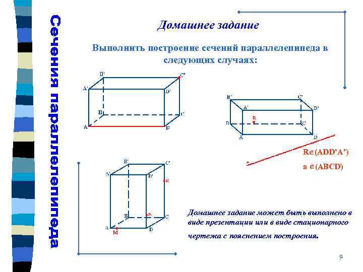 Домашнее задание Выполнить построение сечений параллелепипеда в следующих случаях: R (ADD’A’) a (ABCD) Домашнее