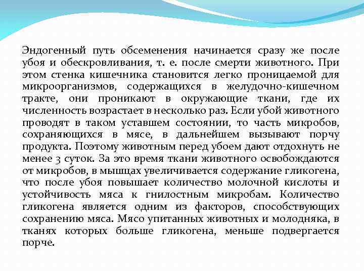 Эндогенный путь обсеменения начинается сразу же после убоя и обескровливания, т. е. после смерти