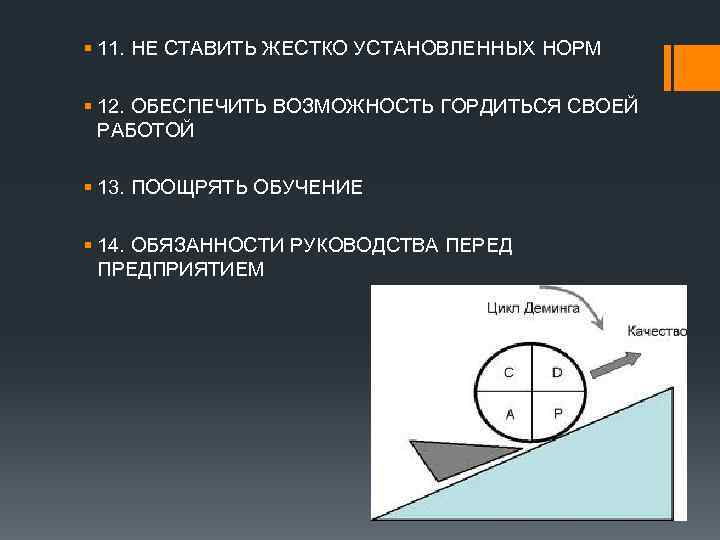 § 11. НЕ СТАВИТЬ ЖЕСТКО УСТАНОВЛЕННЫХ НОРМ § 12. ОБЕСПЕЧИТЬ ВОЗМОЖНОСТЬ ГОРДИТЬСЯ СВОЕЙ РАБОТОЙ