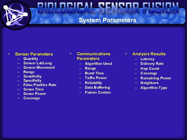 System Parameters • Sensor Parameters – – – – – Quantity Sensor Lat/Long Sensor