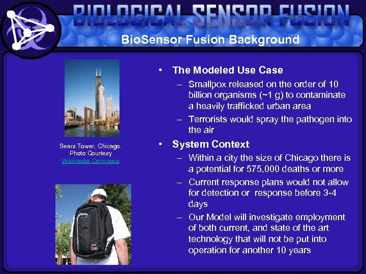 Bio. Sensor Fusion Background • The Modeled Use Case – Smallpox released on the