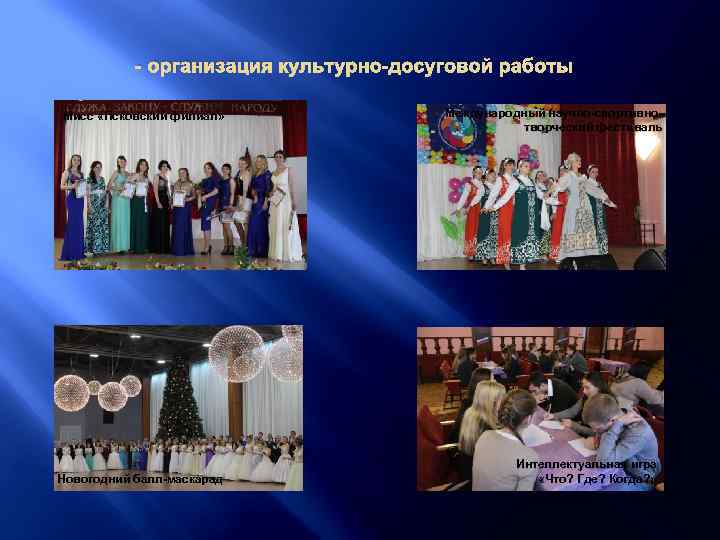 - организация культурно-досуговой работы Мисс «Псковский филиал» Новогодний балл-маскарад Международный научно-спортивнотворческий фестиваль Интеллектуальная игра