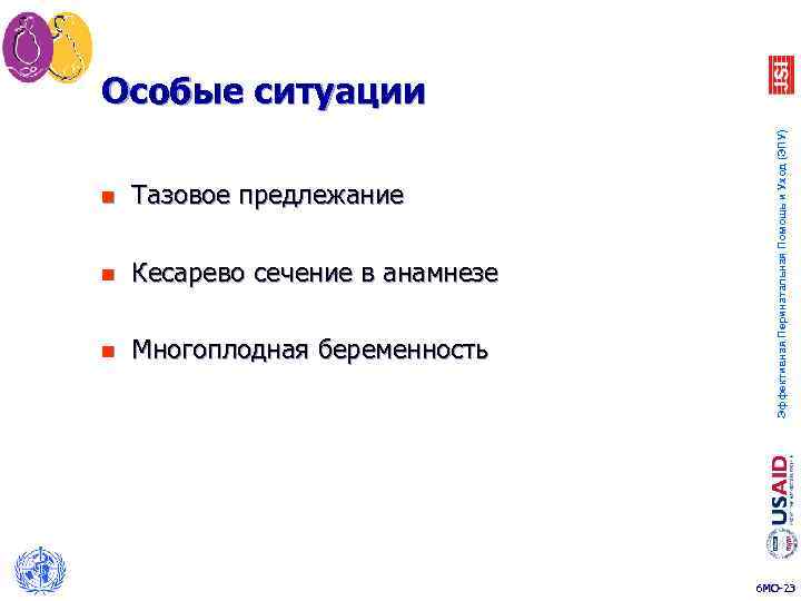 n Тазовое предлежание n Кесарево сечение в анамнезе n Многоплодная беременность Эффективная Перинатальная Помощь