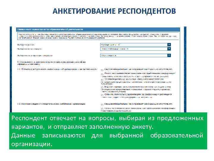 АНКЕТИРОВАНИЕ РЕСПОНДЕНТОВ Респондент отвечает на вопросы, выбирая из предложенных вариантов, и отправляет заполненную анкету.