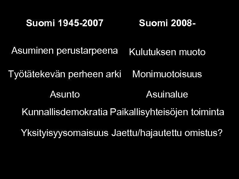 Suomi 1945 -2007 Suomi 2008 - Asuminen perustarpeena Kulutuksen muoto Työtätekevän perheen arki Monimuotoisuus