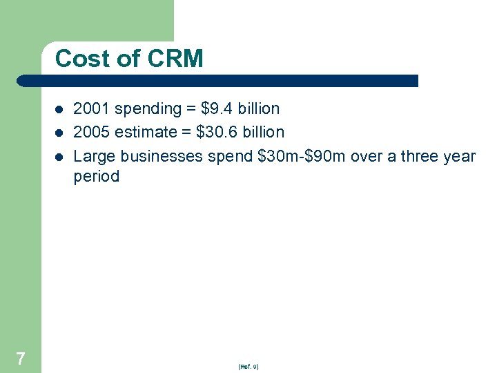 Cost of CRM l l l 7 2001 spending = $9. 4 billion 2005