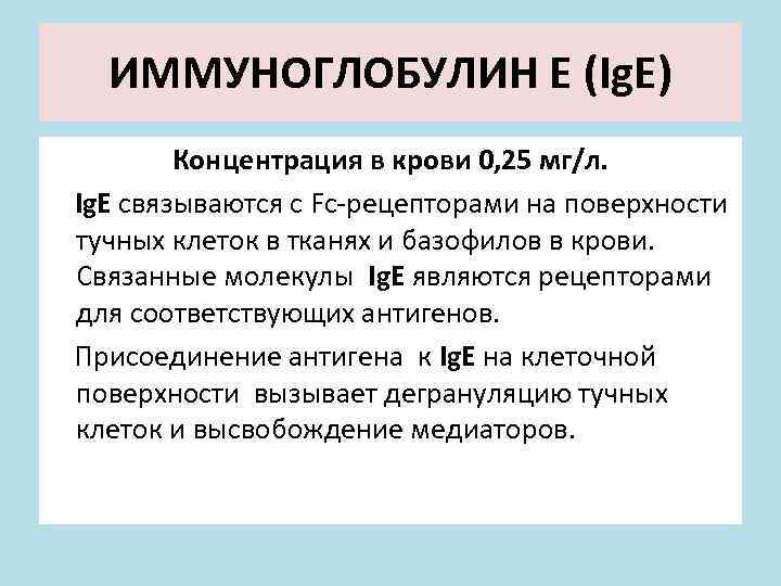 ИММУНОГЛОБУЛИН Е (Ig. Е) Концентрация в крови 0, 25 мг/л. Ig. E связываются с