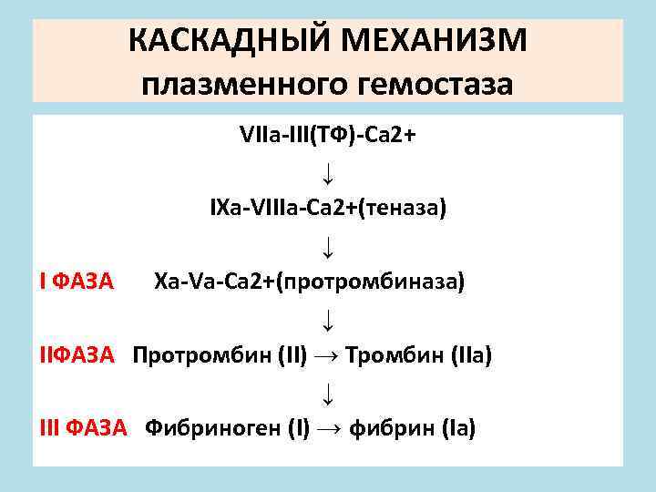 КАСКАДНЫЙ МЕХАНИЗМ плазменного гемостаза VIIa-III(ТФ)-Ca 2+ ↓ IXa-VIIIa-Ca 2+(теназа) ↓ I ФАЗА Xa-Va-Ca 2+(протромбиназа)