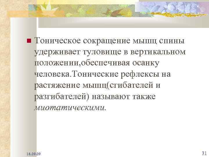  Тоническое сокращение мышц спины удерживает туловище в вертикальном положении, обеспечивая осанку человека. Тонические