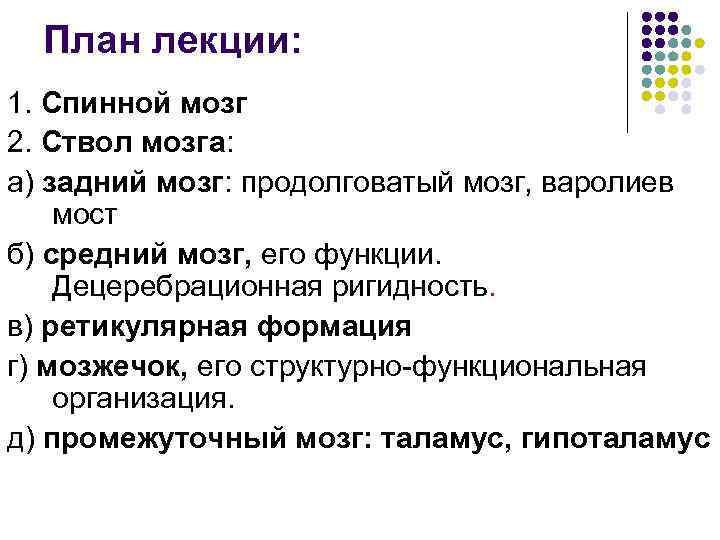 План лекции: 1. Спинной мозг 2. Ствол мозга: а) задний мозг: продолговатый мозг, варолиев