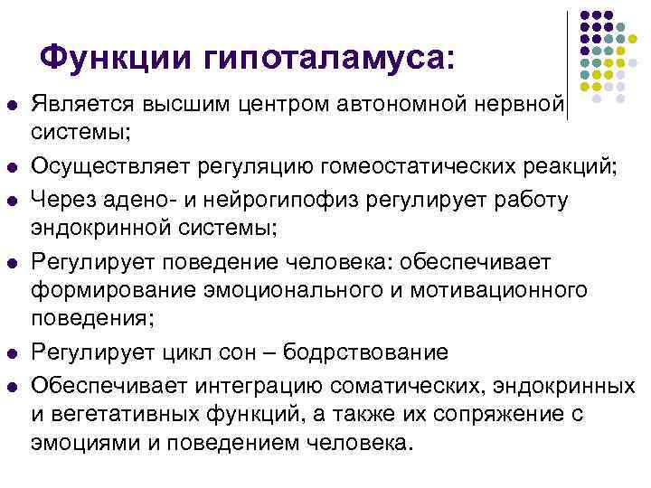 Функции гипоталамуса: l l l Является высшим центром автономной нервной системы; Осуществляет регуляцию гомеостатических