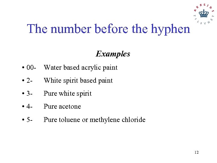 The number before the hyphen Examples • 00 - Water based acrylic paint •