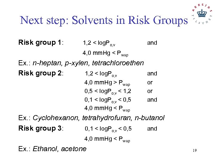 Next step: Solvents in Risk Groups Risk group 1: 1, 2 < log. Po,