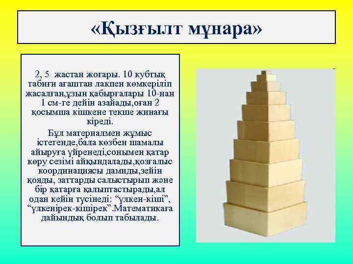  «Қызғылт мұнара» 2, 5 жастан жоғары. 10 кубтық табиғи ағаштан лакпен көмкеріліп жасалған,