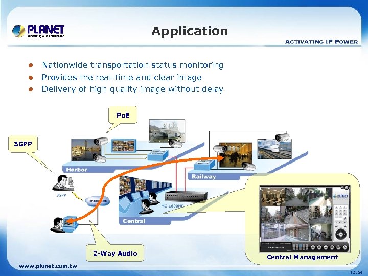 Application l l l Nationwide transportation status monitoring Provides the real-time and clear image