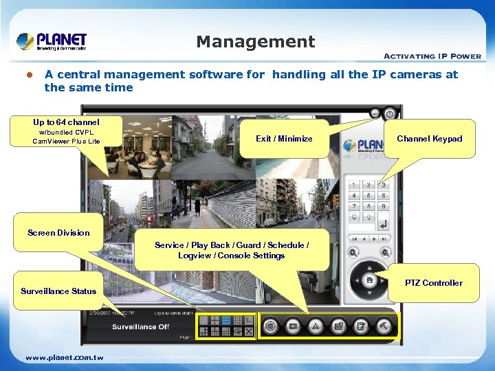 Management l A central management software for handling all the IP cameras at the