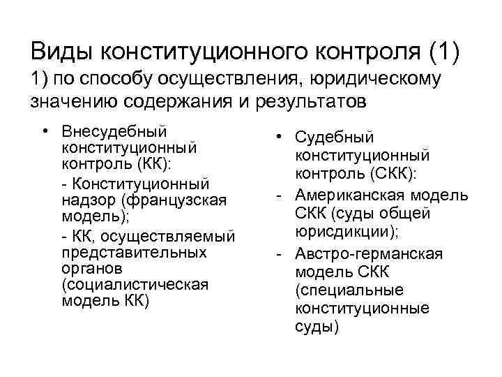 Виды конституционного контроля (1) 1) по способу осуществления, юридическому значению содержания и результатов •