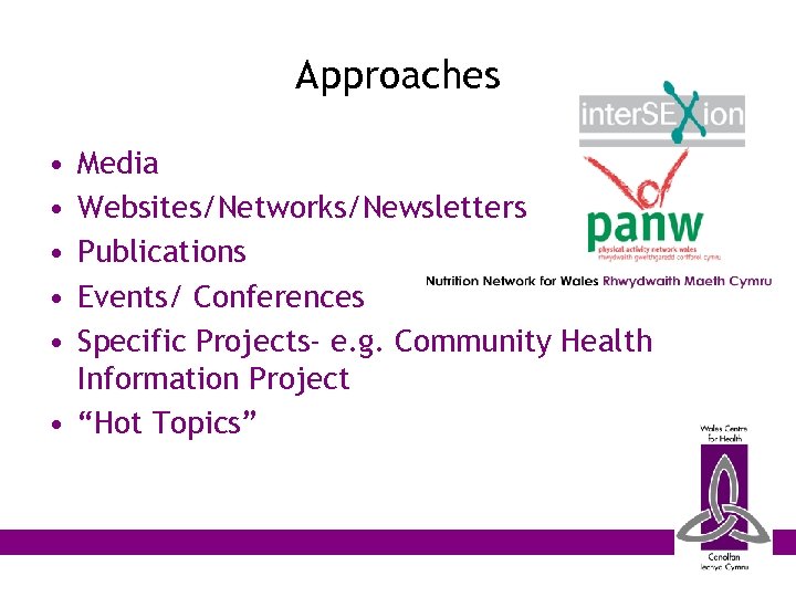 Approaches • • • Media Websites/Networks/Newsletters Publications Events/ Conferences Specific Projects- e. g. Community
