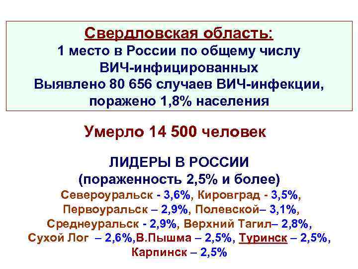 Свердловская область: 1 место в России по общему числу ВИЧ-инфицированных Выявлено 80 656 случаев