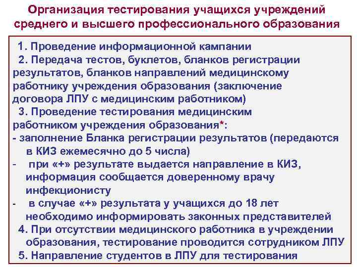 Организация тестирования учащихся учреждений среднего и высшего профессионального образования 1. Проведение информационной кампании 2.