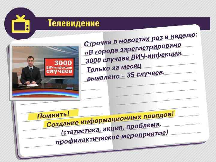 Телевидение • Строчка в новостях раз в неделю: «В городе зарегистрировано 3000 случаев ВИЧ-инфекции.