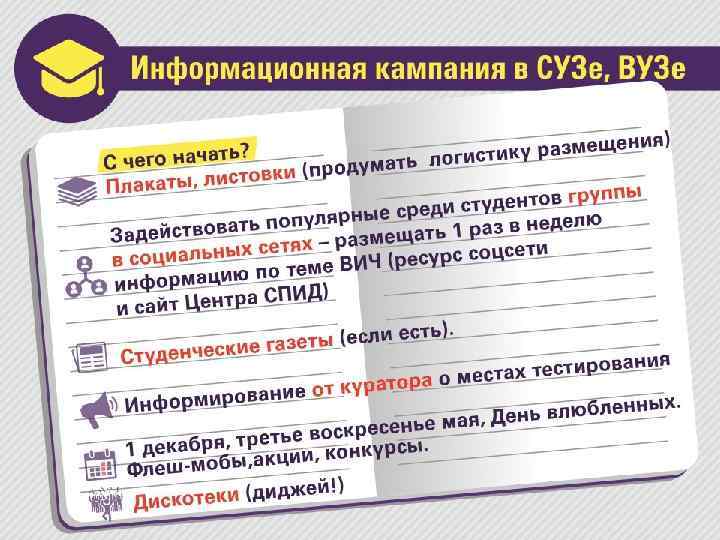 Информационная кампания в СУЗе, ВУЗе • С чего начать? • Плакаты, листовки (продумать логистику