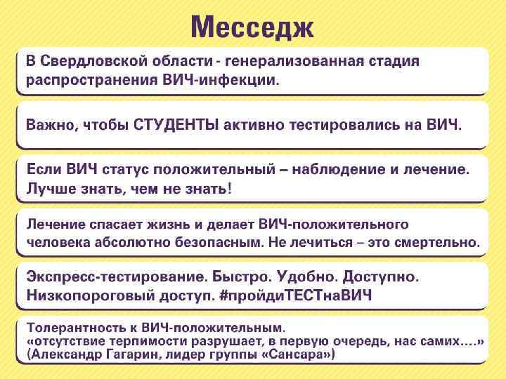 Мессидж • В Свердловской области - генерализованная стадия распространения ВИЧ-инфекции. • Важно, чтобы жители