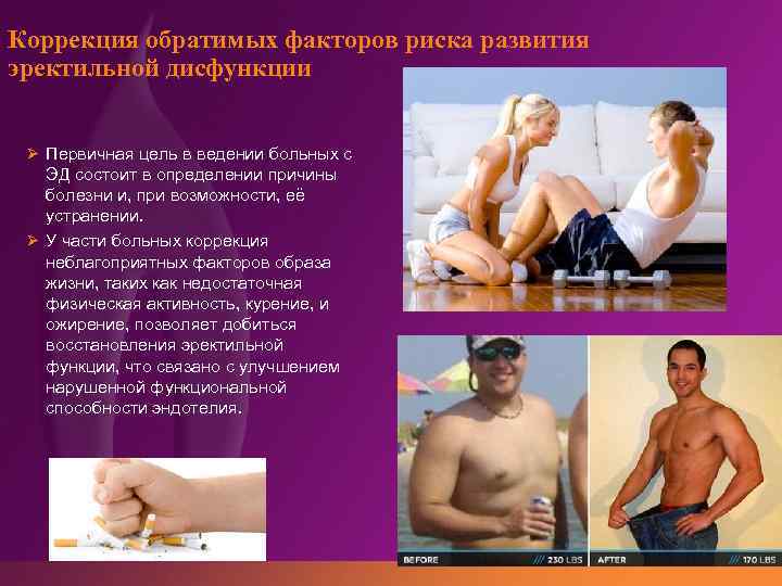 Коррекция обратимых факторов риска развития эректильной дисфункции Ø Первичная цель в ведении больных с
