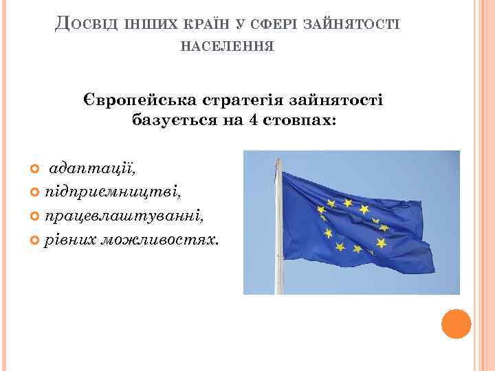 ДОСВІД ІНШИХ КРАЇН У СФЕРІ ЗАЙНЯТОСТІ НАСЕЛЕННЯ Європейська стратегія зайнятості базується на 4 стовпах: