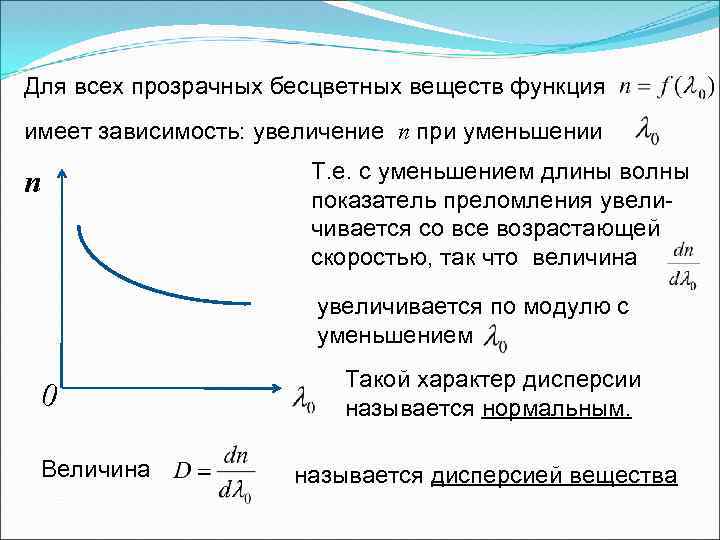 Для всех прозрачных бесцветных веществ функция имеет зависимость: увеличение n при уменьшении n Т.