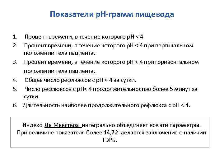 Показатели р. Н-грамм пищевода 1. Процент времени, в течение которого р. Н < 4.