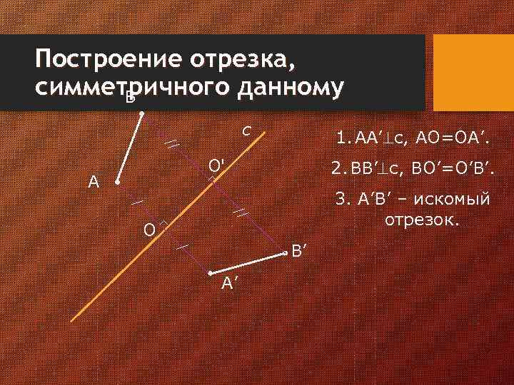 Построение отрезка, симметричного данному В с 1. АА’ с, АО=ОА’. O' А 2. ВВ’